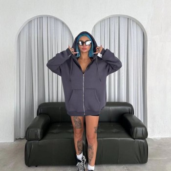 Kadın Oversize Tam Fermuarlı Uzun Kol Hırka - Füme Kadın Oversize Tam Fermuarlı Uzun Kol Hırka - Füme