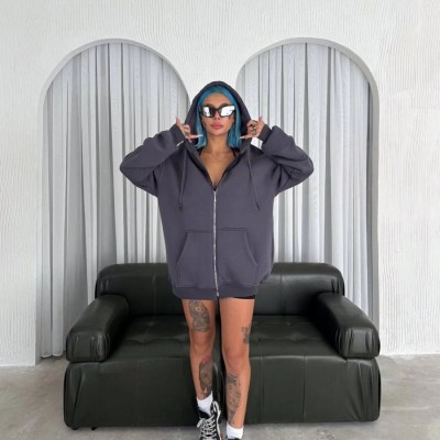 Kadın Oversize Tam Fermuarlı Uzun Kol Hırka - Füme