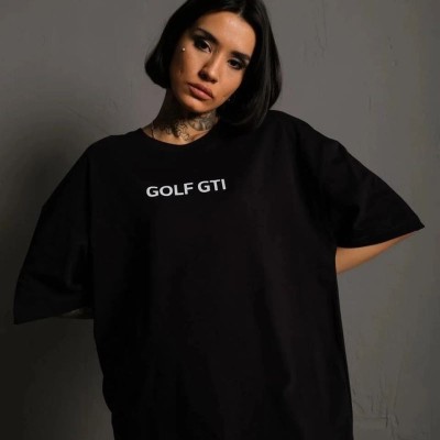 Kadın Oversize Tişört Golf GTI Retro Araba Baskılı T-shirt - Siyah