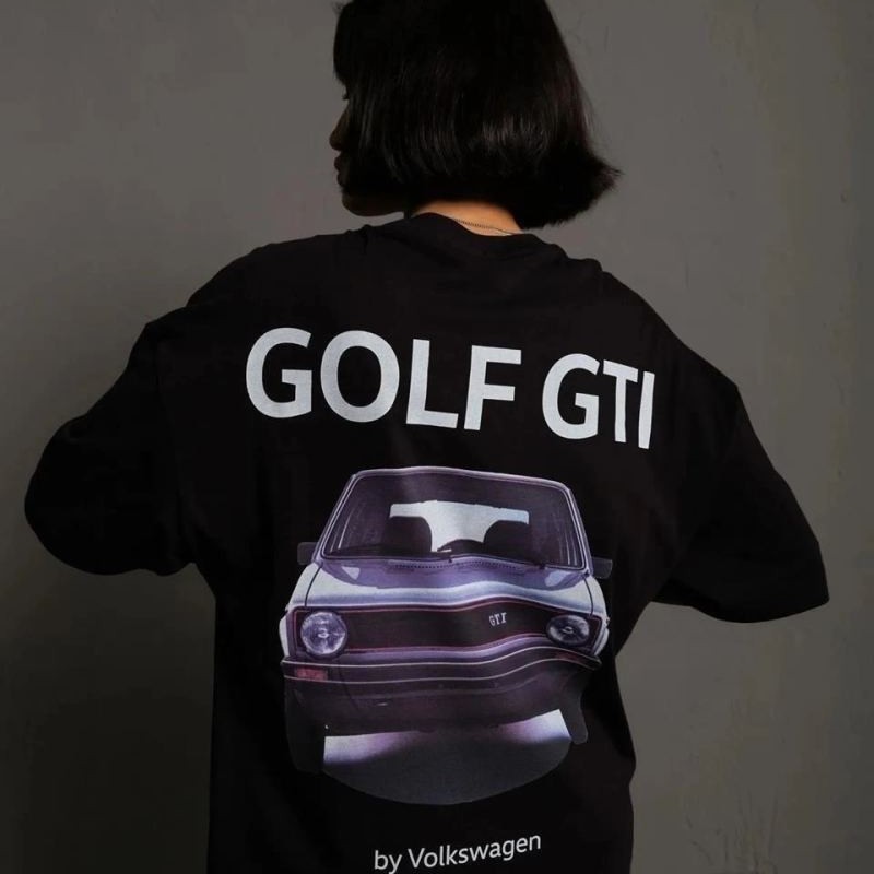 Kadın Oversize Tişört Golf GTI Retro Araba Baskılı T-shirt - Siyah