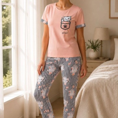 Kadın Pamuklu Penye Kedi Baskılı Kısa Kollu Bisiklet Yaka Çizgili Pijama Takımı - Pudra