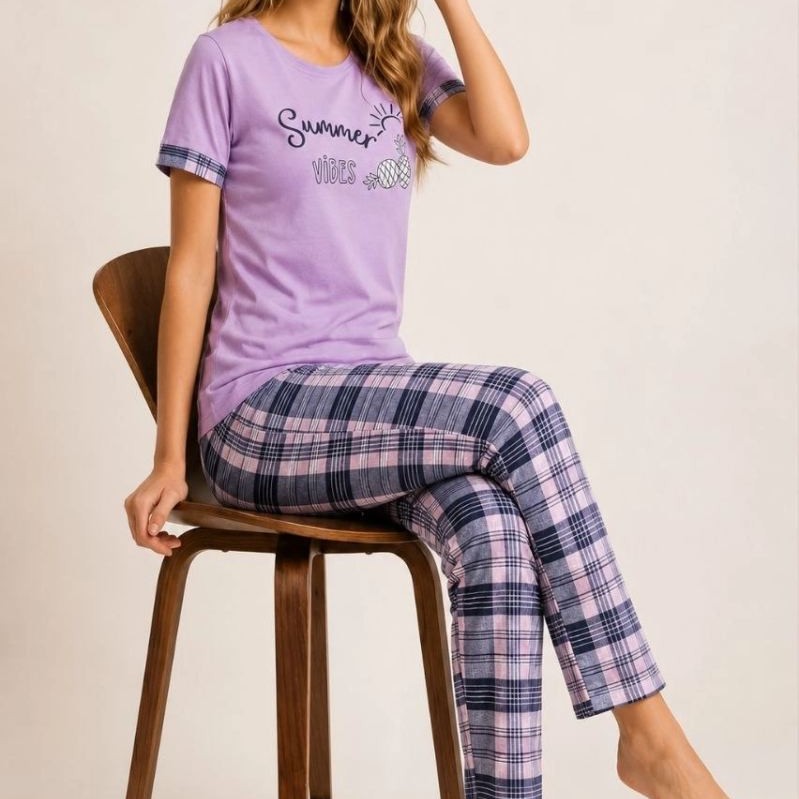 Kadın Pamuklu Penye Summer Baskılı Kısa Kollu Pijama Takımı Bisiklet Yaka Ekose Desenli - Lila