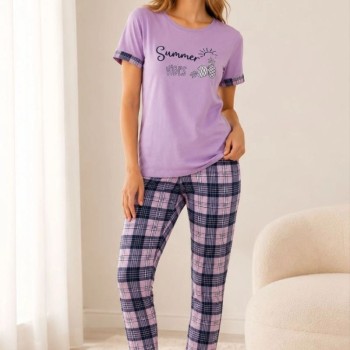Kadın Pamuklu Penye Summer Baskılı Kısa Kollu Pijama Takımı Bisiklet Yaka Ekose Desenli - Lila
