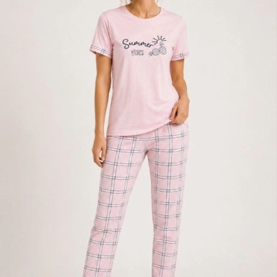 Kadın Pamuklu Penye Summer Baskılı Kısa Kollu Pijama Takımı Ekose Desenli - Pembe