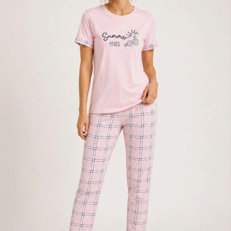 Kadın Pamuklu Penye Summer Baskılı Kısa Kollu Pijama Takımı Ekose Desenli - Pembe
