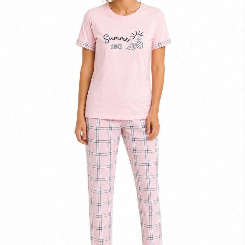 Kadın Pamuklu Penye Summer Baskılı Kısa Kollu Pijama Takımı Ekose Desenli - Pembe