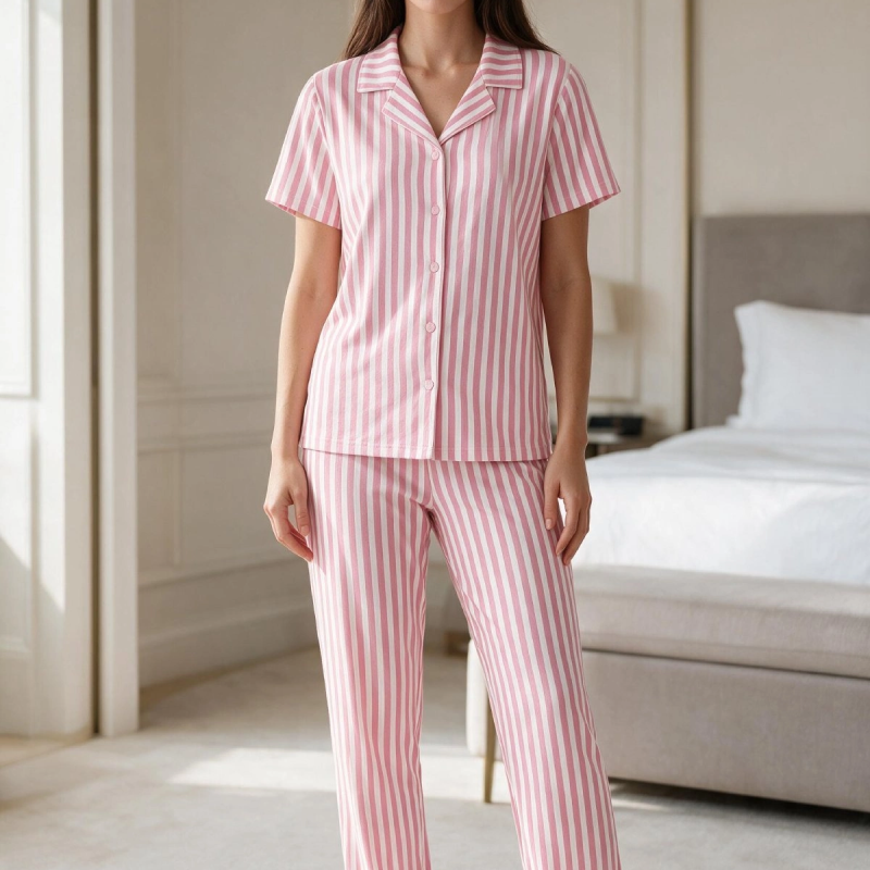 Kadın Pembe Beyaz Çizgili Kısa Kollu Düğmeli Milan Kumaş Pijama Takımı Kadın Pembe Beyaz Çizgili Kısa Kollu Düğmeli Milan Kumaş Pijama Takımı
