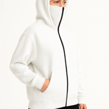 Kadın Samuray Ninja Çift Kapüşonlu Maske Detaylı 3 İplik Hoodie - Beyaz