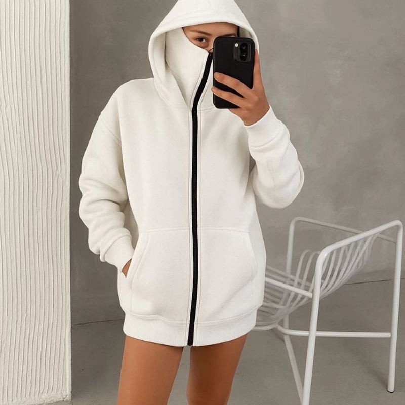 Kadın Samuray Ninja Çift Kapüşonlu Maske Detaylı 3 İplik Hoodie - Beyaz Kadın Samuray Ninja Çift Kapüşonlu Maske Detaylı 3 İplik Hoodie - Beyaz