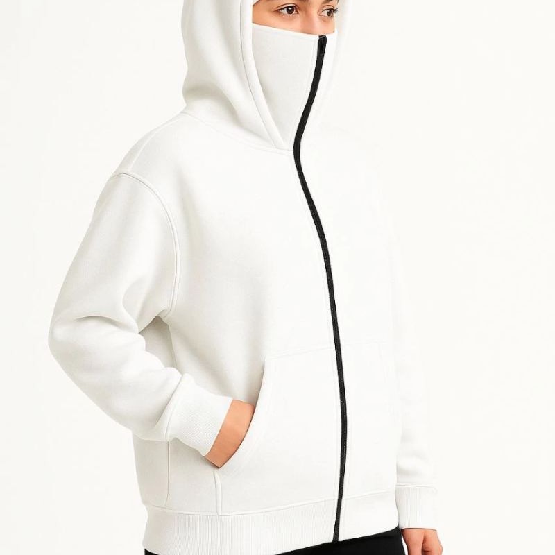 Kadın Samuray Ninja Çift Kapüşonlu Maske Detaylı 3 İplik Hoodie - Beyaz Kadın Samuray Ninja Çift Kapüşonlu Maske Detaylı 3 İplik Hoodie - Beyaz