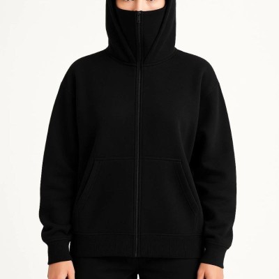 Kadın Samuray Ninja Çift Kapüşonlu Maske Detaylı 3 İplik Hoodie - Siyah Kadın Samuray Ninja Çift Kapüşonlu Maske Detaylı 3 İplik Hoodie - Siyah