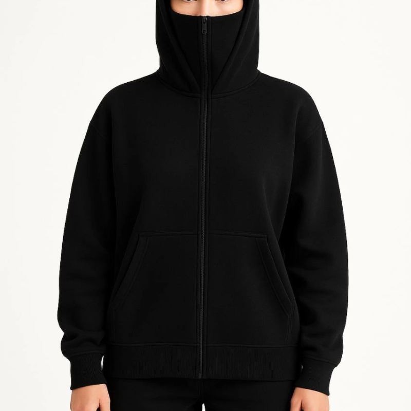 Kadın Samuray Ninja Çift Kapüşonlu Maske Detaylı 3 İplik Hoodie - Siyah Kadın Samuray Ninja Çift Kapüşonlu Maske Detaylı 3 İplik Hoodie - Siyah