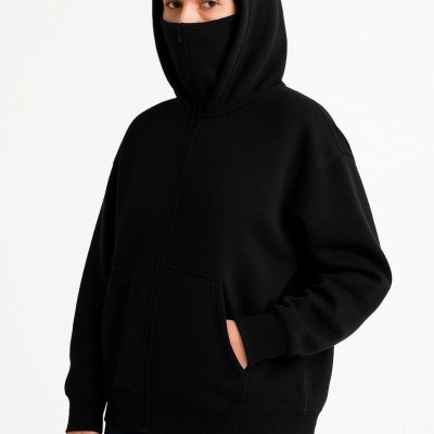 Kadın Samuray Ninja Çift Kapüşonlu Maske Detaylı 3 İplik Hoodie - Siyah Kadın Samuray Ninja Çift Kapüşonlu Maske Detaylı 3 İplik Hoodie - Siyah