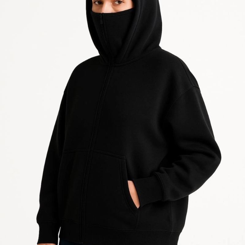 Kadın Samuray Ninja Çift Kapüşonlu Maske Detaylı 3 İplik Hoodie - Siyah Kadın Samuray Ninja Çift Kapüşonlu Maske Detaylı 3 İplik Hoodie - Siyah