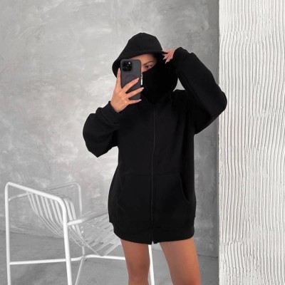 Kadın Samuray Ninja Çift Kapüşonlu Maske Detaylı 3 İplik Hoodie - Siyah Kadın Samuray Ninja Çift Kapüşonlu Maske Detaylı 3 İplik Hoodie - Siyah