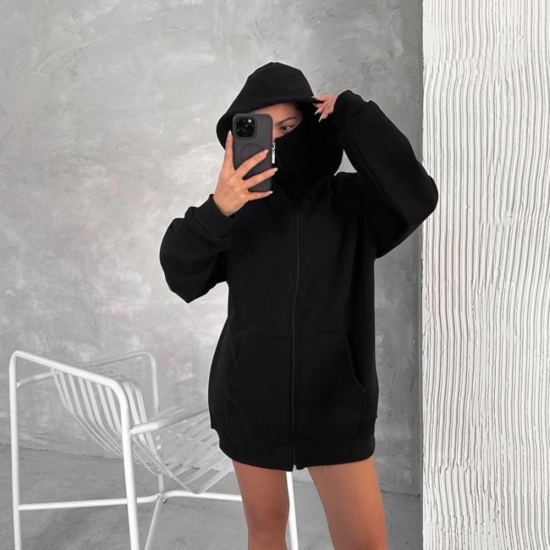 Kadın Samuray Ninja Çift Kapüşonlu Maske Detaylı 3 İplik Hoodie - Siyah Kadın Samuray Ninja Çift Kapüşonlu Maske Detaylı 3 İplik Hoodie - Siyah