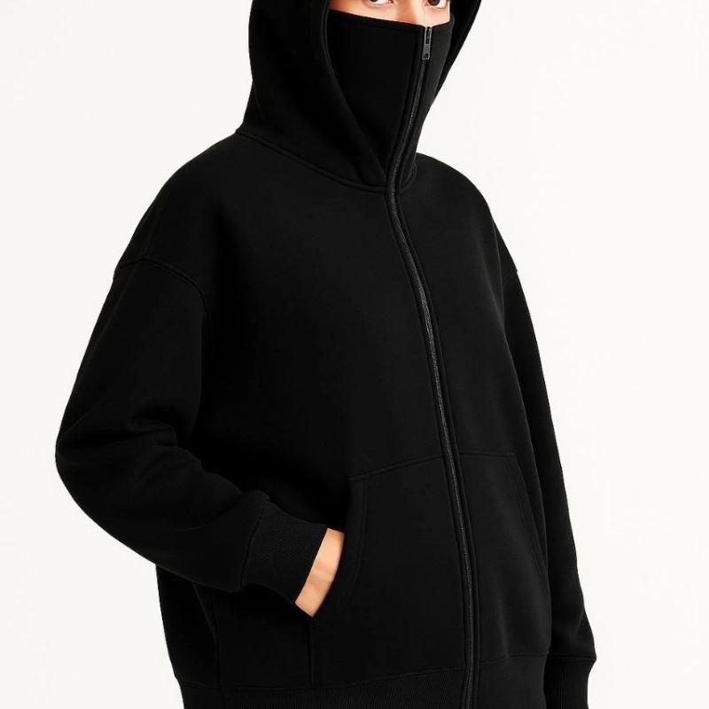 Kadın Samuray Ninja Çift Kapüşonlu Maske Detaylı 3 İplik Hoodie - Siyah Kadın Samuray Ninja Çift Kapüşonlu Maske Detaylı 3 İplik Hoodie - Siyah