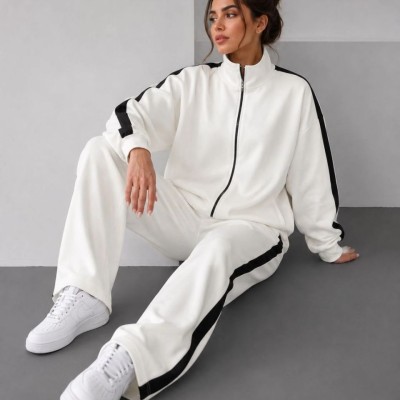 Kadın Scuba Kumaş Oversize Şerit Detaylı Fermuarlı Alt Üst Eşofman Takımı - Beyaz