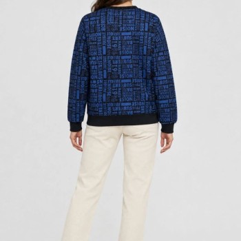 Kadın Siyah Mavi Yazı Desenli İki İplik Şardonlu Sweatshirt
