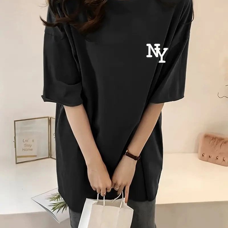 Kadın T-shirt Bisiklet yaka NY Baskılı kısa kol Tişört - Siyah Kadın T-shirt Bisiklet yaka NY Baskılı kısa kol Tişört - Siyah