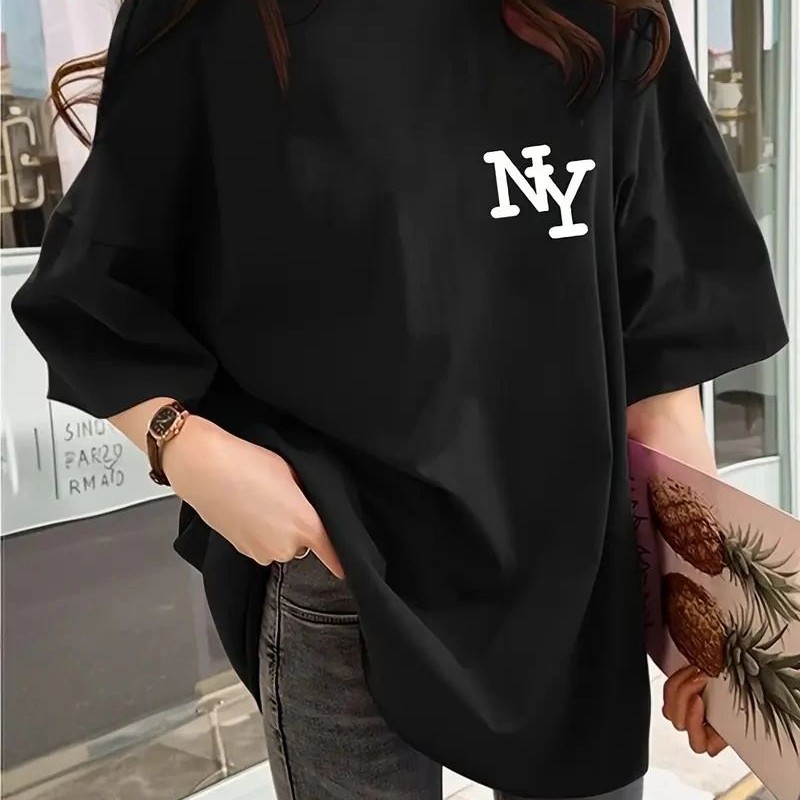 Kadın T-shirt Bisiklet yaka NY Baskılı kısa kol Tişört - Siyah Kadın T-shirt Bisiklet yaka NY Baskılı kısa kol Tişört - Siyah