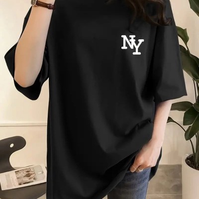 Kadın T-shirt Bisiklet yaka NY Baskılı kısa kol Tişört - Siyah Kadın T-shirt Bisiklet yaka NY Baskılı kısa kol Tişört - Siyah