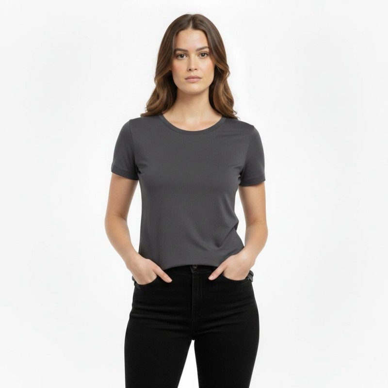 Kadın T-Shirt Bisiklet Yaka Slim Fit Likralı Tişört Yazlık Basic Body - Füme Kadın T-Shirt Bisiklet Yaka Slim Fit Likralı Tişört Yazlık Basic Body - Füme