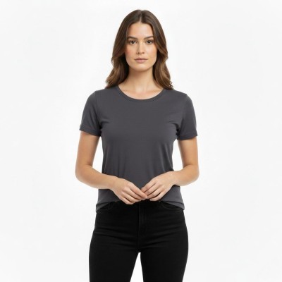 Kadın T-Shirt Bisiklet Yaka Slim Fit Likralı Tişört Yazlık Basic Body - Füme Kadın T-Shirt Bisiklet Yaka Slim Fit Likralı Tişört Yazlık Basic Body - Füme