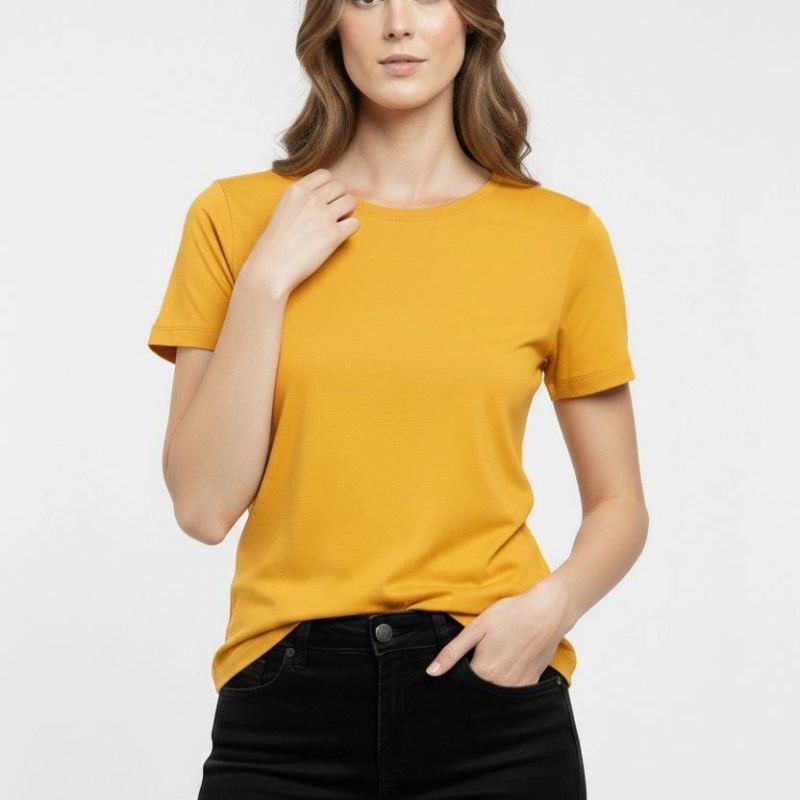 Kadın T-Shirt Bisiklet Yaka Slim Fit Likralı Tişört Yazlık Basic Body - Sarı Kadın T-Shirt Bisiklet Yaka Slim Fit Likralı Tişört Yazlık Basic Body - Sarı