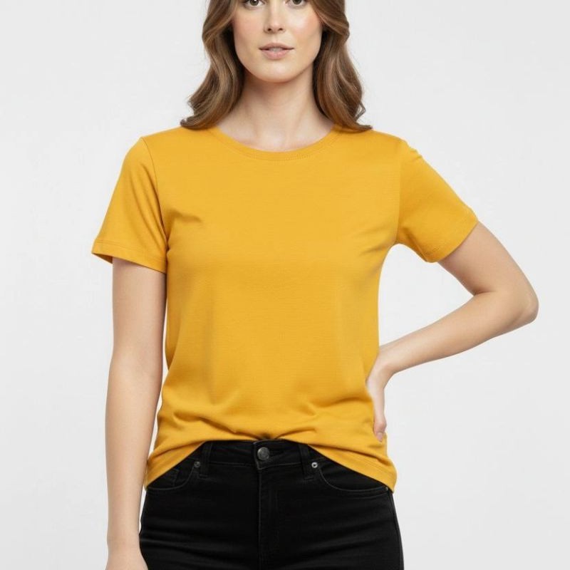 Kadın T-Shirt Bisiklet Yaka Slim Fit Likralı Tişört Yazlık Basic Body - Sarı Kadın T-Shirt Bisiklet Yaka Slim Fit Likralı Tişört Yazlık Basic Body - Sarı