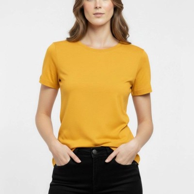 Kadın T-Shirt Bisiklet Yaka Slim Fit Likralı Tişört Yazlık Basic Body - Sarı Kadın T-Shirt Bisiklet Yaka Slim Fit Likralı Tişört Yazlık Basic Body - Sarı