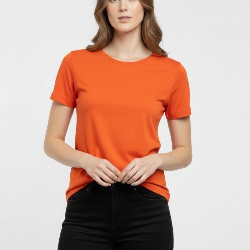 Kadın T-Shirt Bisiklet Yaka Slim Fit Likralı Tişört Yazlık Basic Body - Turuncu Kadın T-Shirt Bisiklet Yaka Slim Fit Likralı Tişört Yazlık Basic Body - Turuncu