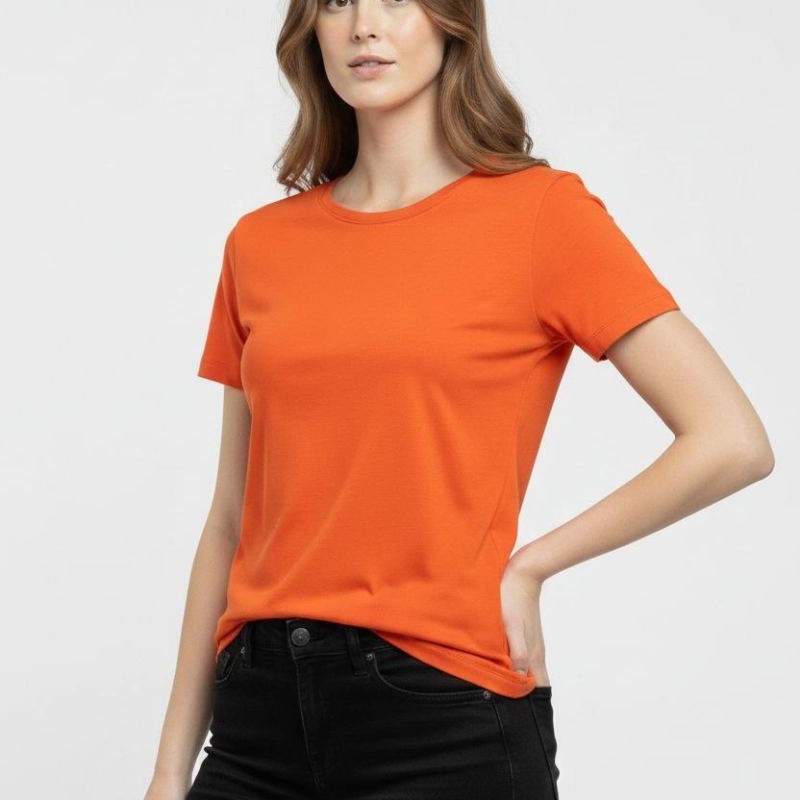 Kadın T-Shirt Bisiklet Yaka Slim Fit Likralı Tişört Yazlık Basic Body - Turuncu Kadın T-Shirt Bisiklet Yaka Slim Fit Likralı Tişört Yazlık Basic Body - Turuncu