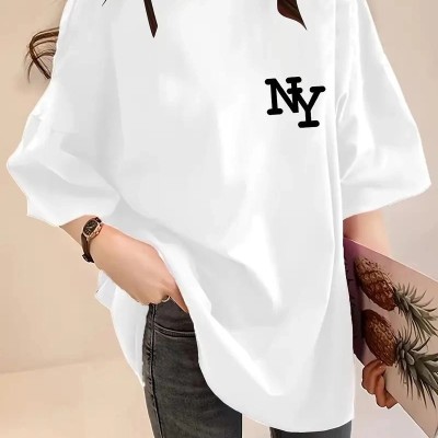 Kadın T-shirt Eğlenceli Harf NY Baskılı Bisiklet Yaka Tişört - Beyaz Kadın T-shirt Eğlenceli Harf NY Baskılı Bisiklet Yaka Tişört - Beyaz