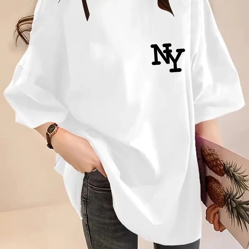 Kadın T-shirt Eğlenceli Harf NY Baskılı Bisiklet Yaka Tişört - Beyaz Kadın T-shirt Eğlenceli Harf NY Baskılı Bisiklet Yaka Tişört - Beyaz