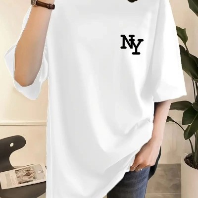 Kadın T-shirt Eğlenceli Harf NY Baskılı Bisiklet Yaka Tişört - Beyaz Kadın T-shirt Eğlenceli Harf NY Baskılı Bisiklet Yaka Tişört - Beyaz