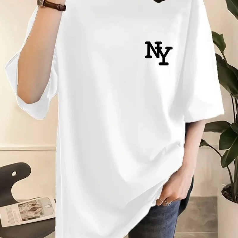 Kadın T-shirt Eğlenceli Harf NY Baskılı Bisiklet Yaka Tişört - Beyaz Kadın T-shirt Eğlenceli Harf NY Baskılı Bisiklet Yaka Tişört - Beyaz