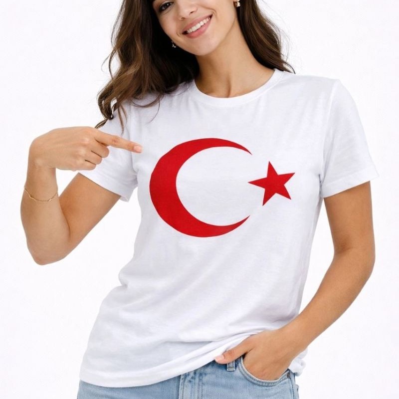 Kadın T-Shirt Kısa Kol Bisiklet Yaka Ay Yıldız Bayrak Baskılı Tişört - Beyaz Kadın T-Shirt Kısa Kol Bisiklet Yaka Ay Yıldız Bayrak Baskılı Tişört - Beyaz