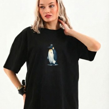 Kadın T-Shirt Penguen Baskılı Bisiklet Yaka Kısa kol yazlık Tişört - Siyah Kadın T-Shirt Penguen Baskılı Bisiklet Yaka Kısa kol yazlık Tişört - Siyah