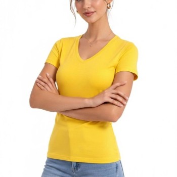 Kadın T-Shirt V Yaka Slim Fit Likralı Tişört Yazlık Basic Body - Sarı Kadın T-Shirt V Yaka Slim Fit Likralı Tişört Yazlık Basic Body - Sarı
