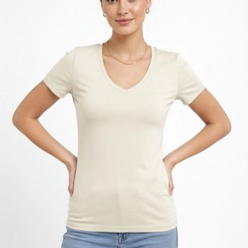 Kadın T-Shirt V Yaka Slim Fit Likralı Tişört Yazlık Basic Body - Taş