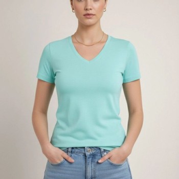Kadın T-Shirt V Yaka Slim Fit Likralı Tişört Yazlık Basic Body - Turkuvaz Kadın T-Shirt V Yaka Slim Fit Likralı Tişört Yazlık Basic Body - Turkuvaz