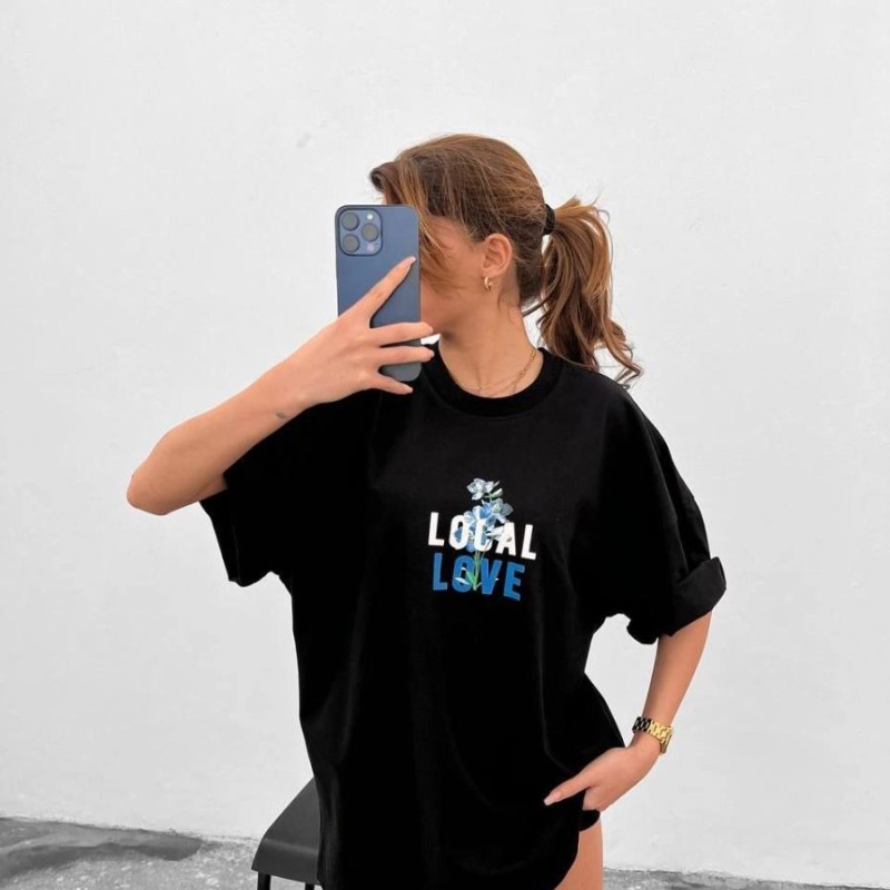 Kadın Tişort Bisiklet Yaka Baskılı Kısa kol Oversize T-Shirt - Siyah Kadın Tişort Bisiklet Yaka Baskılı Kısa kol Oversize T-Shirt - Siyah