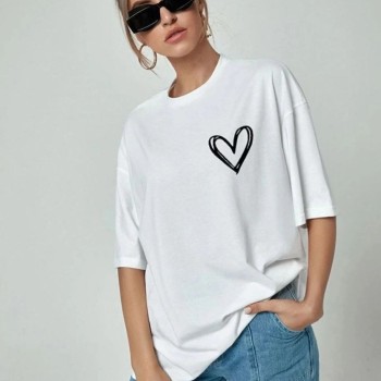Kadın Tişört Bisiklet Yaka Baskılı Oversize T-Shirt - Beyaz