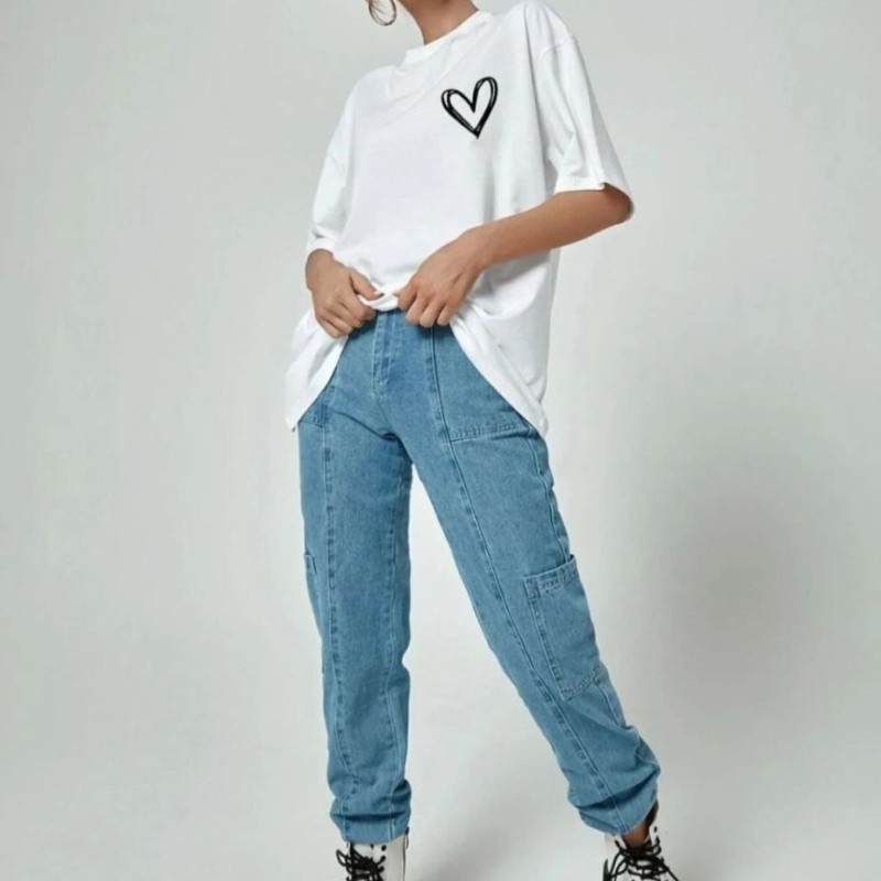Kadın Tişört Bisiklet Yaka Baskılı Oversize T-Shirt - Beyaz