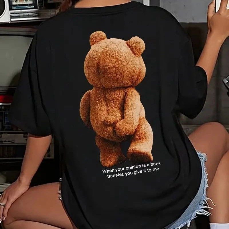 Kadın Tişört Büyük Boy Ayıcık Baskılı Bisiklet Kısa kol t-shirt - Siyah Kadın Tişört Büyük Boy Ayıcık Baskılı Bisiklet Kısa kol t-shirt - Siyah