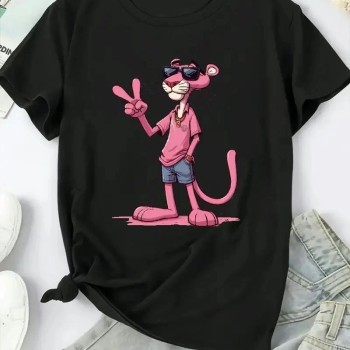 Kadın Tişört Pembe Panter Baskılı Bisiklet Yaka Kısa Kol T-shirt - Beyaz Kadın Tişört Pembe Panter Baskılı Bisiklet Yaka Kısa Kol T-shirt - Beyaz