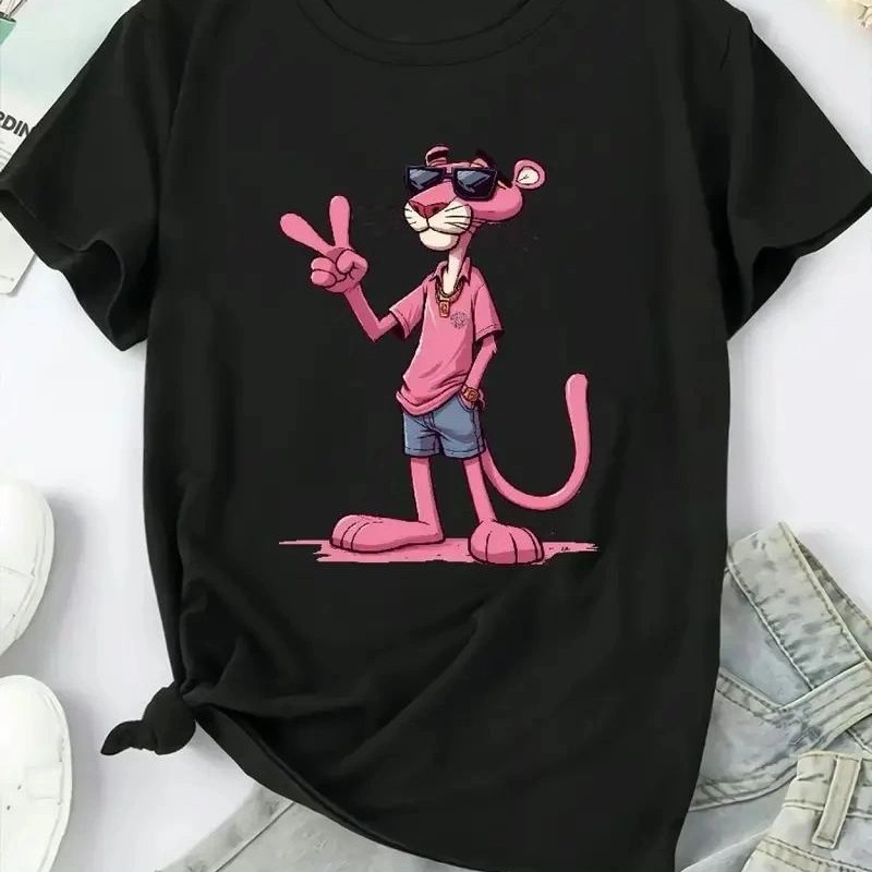 Kadın Tişört Pembe Panter Baskılı Bisiklet Yaka Kısa Kol T-shirt - Beyaz Kadın Tişört Pembe Panter Baskılı Bisiklet Yaka Kısa Kol T-shirt - Beyaz