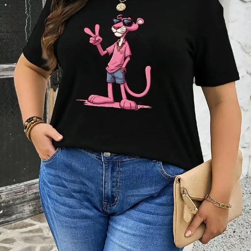 Kadın Tişört Pembe Panter Baskılı Bisiklet Yaka Kısa Kol T-shirt - Beyaz Kadın Tişört Pembe Panter Baskılı Bisiklet Yaka Kısa Kol T-shirt - Beyaz