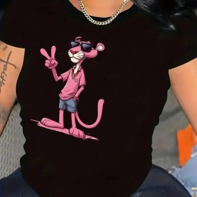 Kadın Tişört Pembe Panter Baskılı Bisiklet Yaka Kısa Kol T-shirt - Beyaz Kadın Tişört Pembe Panter Baskılı Bisiklet Yaka Kısa Kol T-shirt - Beyaz